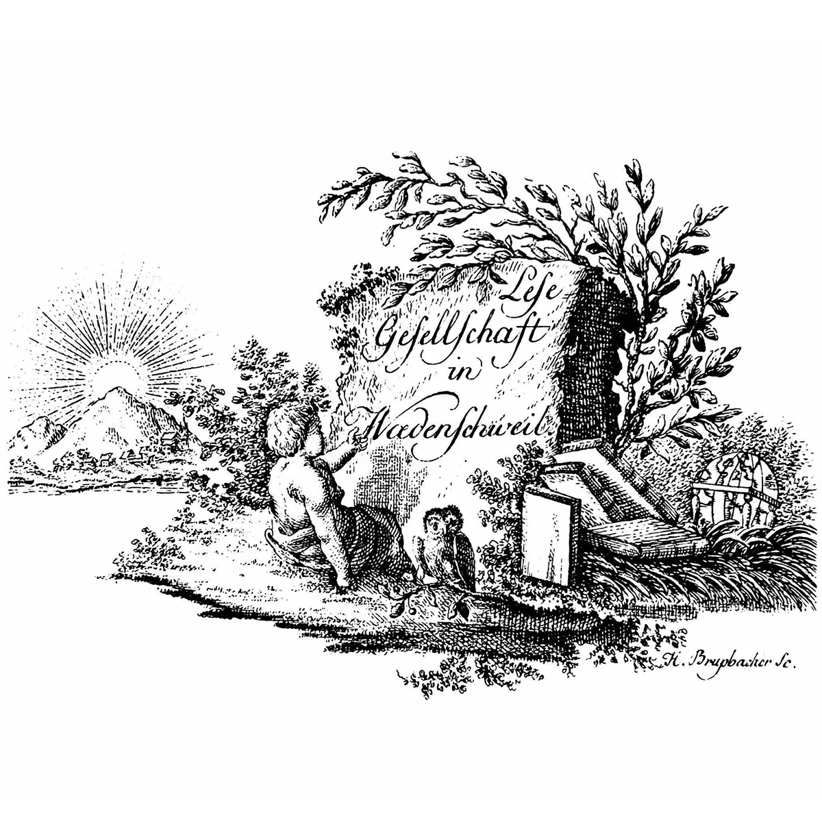 Ex-Libris (Bucheignerzeichen) der Lesegesellschaft aus dem Jahre 1792. Kupferstich von Heinrich Brupbacher.